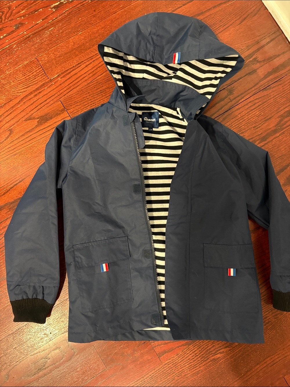 Navy Hooded Kids Raincoat with Striped Lining